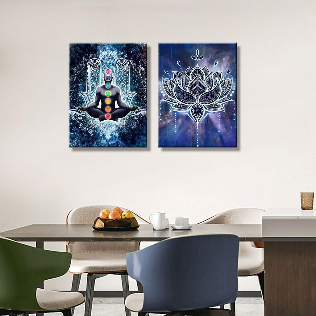 2 Pcs Framed Spiritual Canvas Wall Art Mural Chakra Meditation Poster Lotus Mandala Printed Zen Yoga Artwork Used Mindfulness Therapy Posters Bohemian Picture Home Decoration Gallery Wrapping 12X16Inch