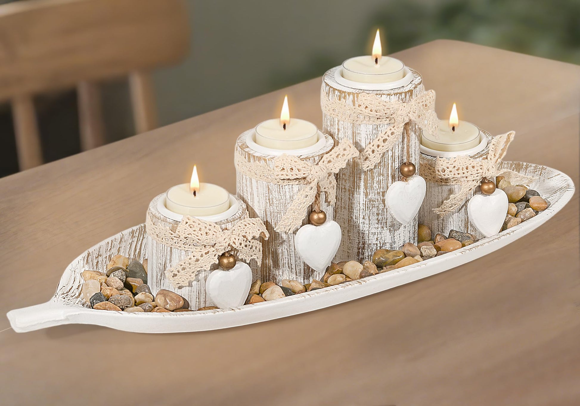 GoMaihe Holz Teelichthalter mit Tablett: 3-teiliges Kerzenständer-Set aus für Hochzeits- und Esstischdekoration, Geburtstagsgeschenk für Mama, romantische Wohndeko, Herzform