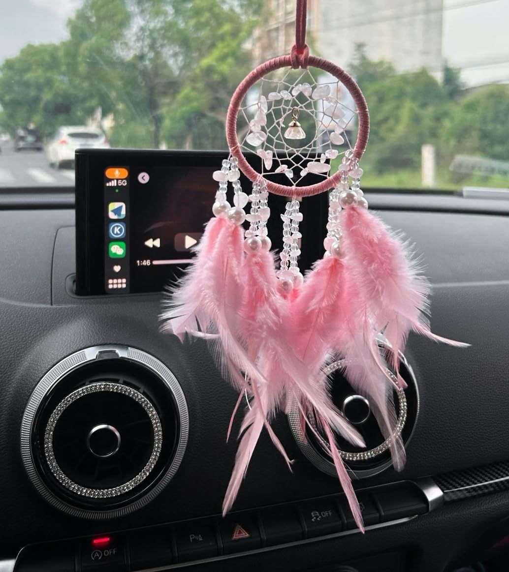 Small Dream Catcher for Car Handmade Boho Hanging Decor for Car Interior Rear View Mirror Feathers Dream Catchers Charms Ornament(Yellow)