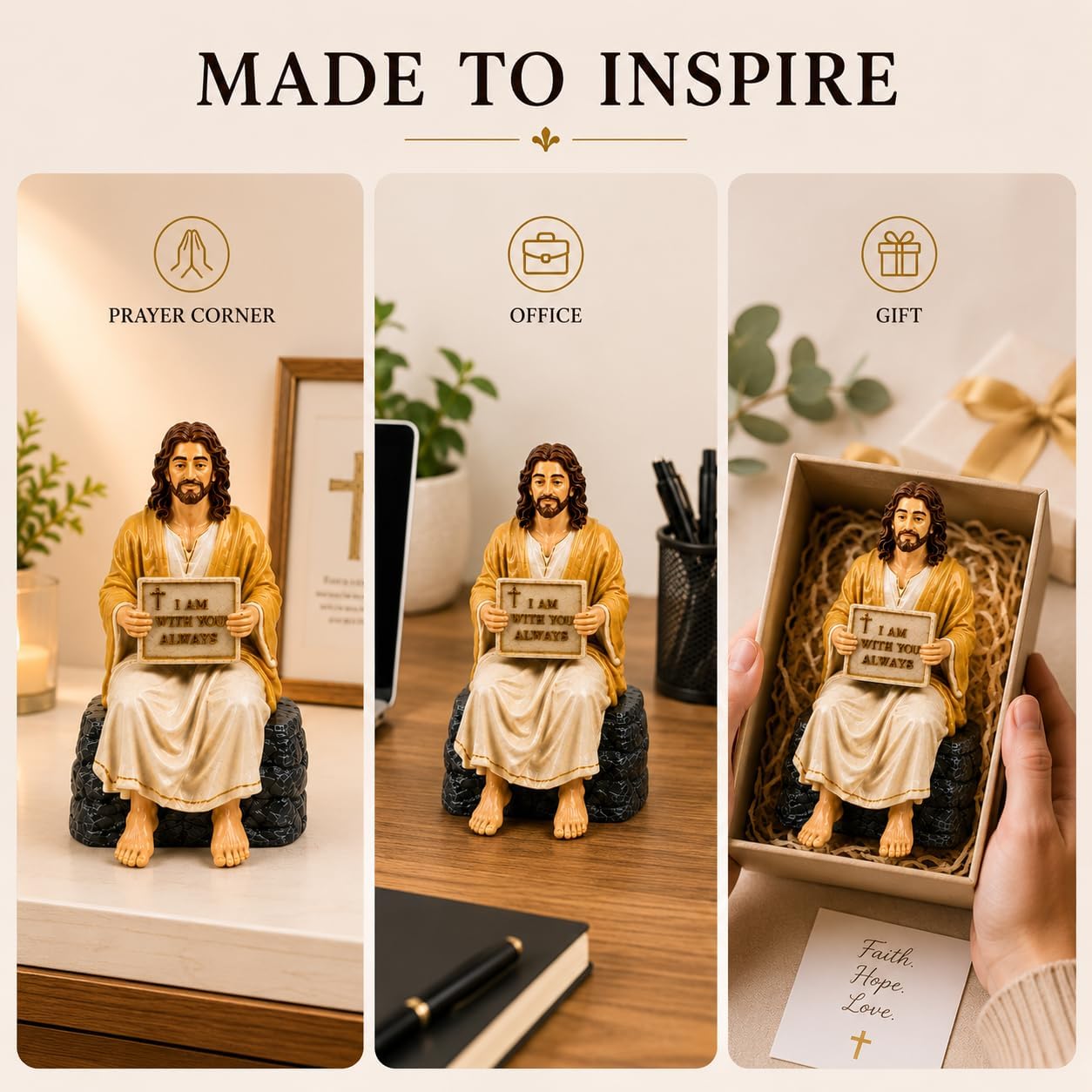 Jesus Christ Statue Peaceful | Handcrafted Polystone Marble Figurine with I Am with You Always Plaque | Christian Home Décor Jesus Resin Idol for Home, Prayer Corner, Altar & Gifting
