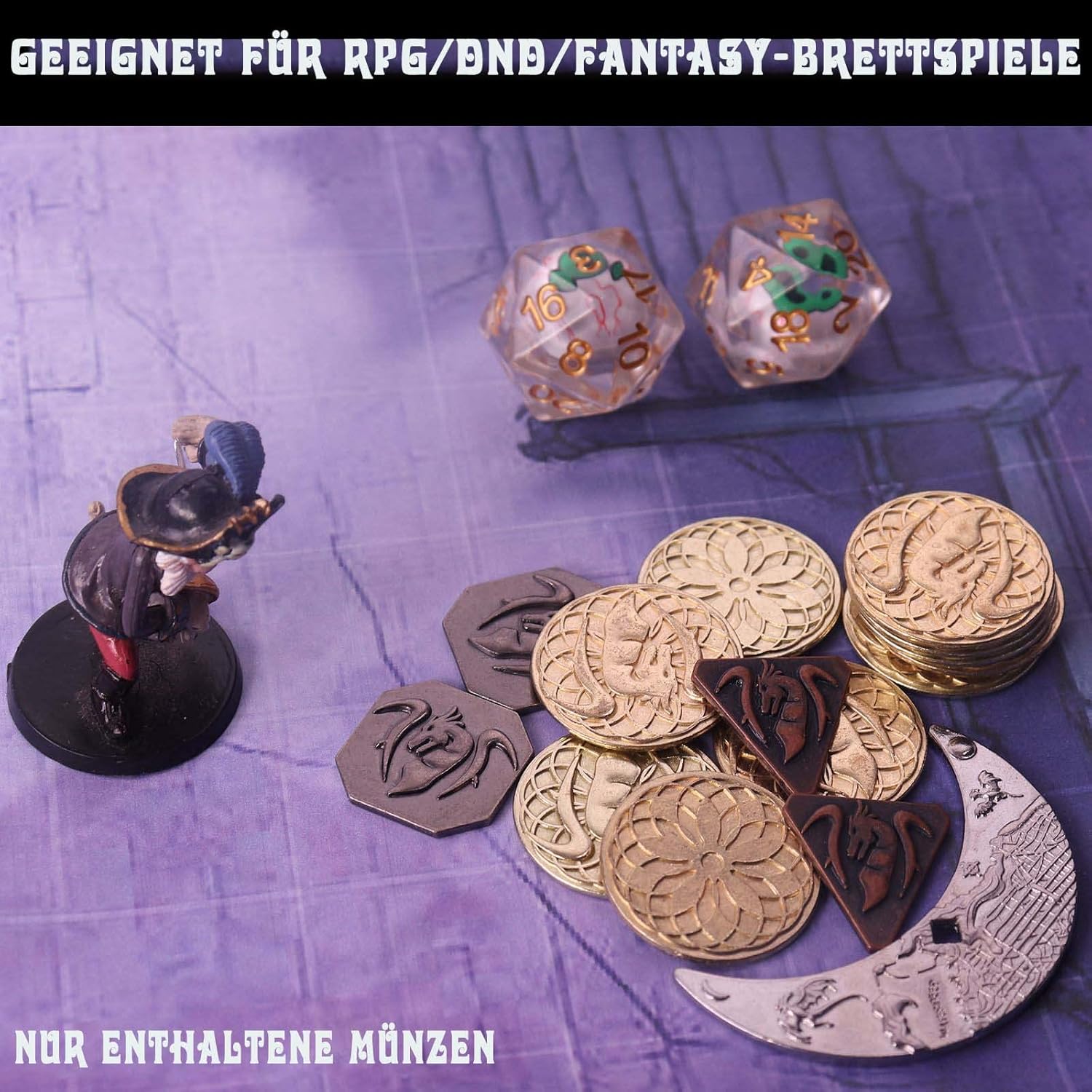 Byhoo 145pcs Metal DND Coins & Leather Case, Contains 60 Gold Coins, 40 Silver Coins, 40 Copper Coins and 5 Platinum Coins, Token with Glow in The Night Eyes Bag for RPG Tablelap Games