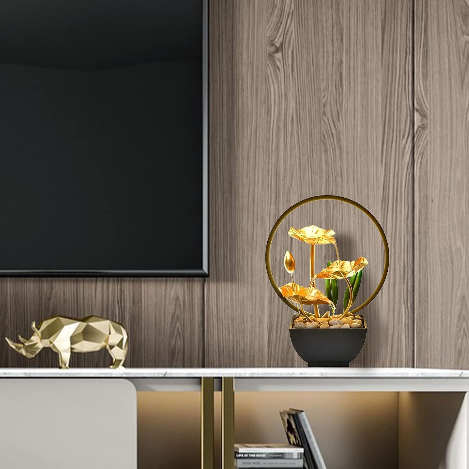 Tuzsocr Zimmerbrunnen LED, Tischbrunnen mit Beleuchtung Wasserfall, Moderne Zen Deko mit geräuschloser Pumpe, Entspannung Meditationsdekoration für Haus, Büro, Garten, Wohnzimmer, H 28 cm