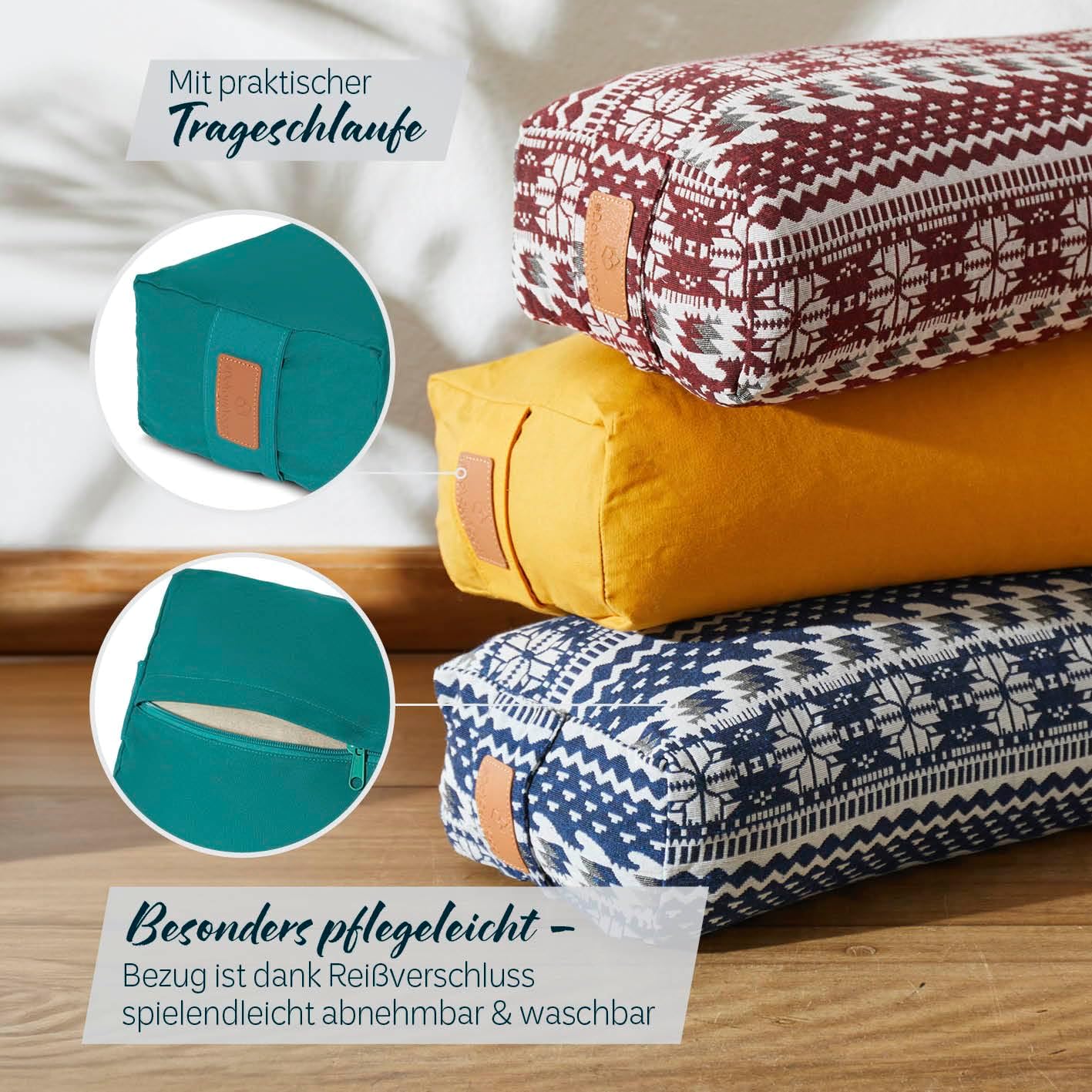 #DoYourYoga Yogabolster »Paravati« 67cm x 13cm | Gefüllt mit Bio-Dinkelspelz (KBA) oder Bio-Buchweizenschalen (KBA) | Yogakissen mit waschbarem Bezug | Sitzkissen & Zafukissen für Yin Yoga