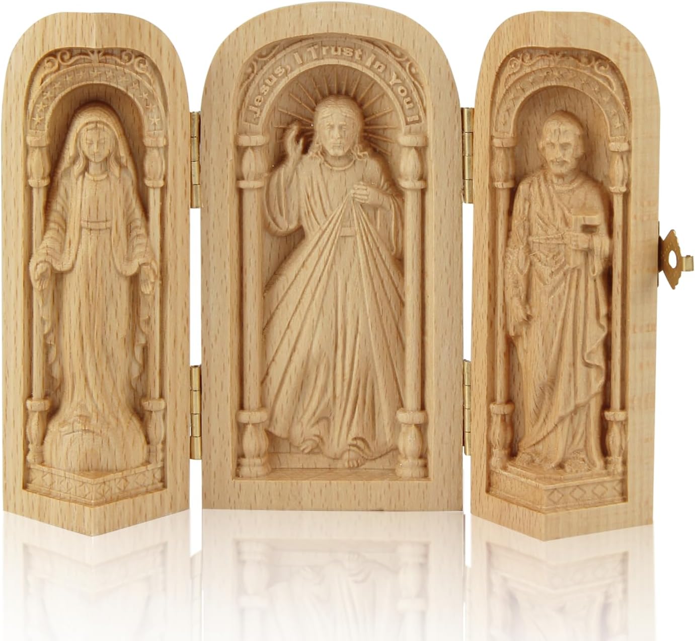 Small Travel Altar Wooden Portable Church Jesus Mother of God and Joseph Triptych Statue Religious Gifts