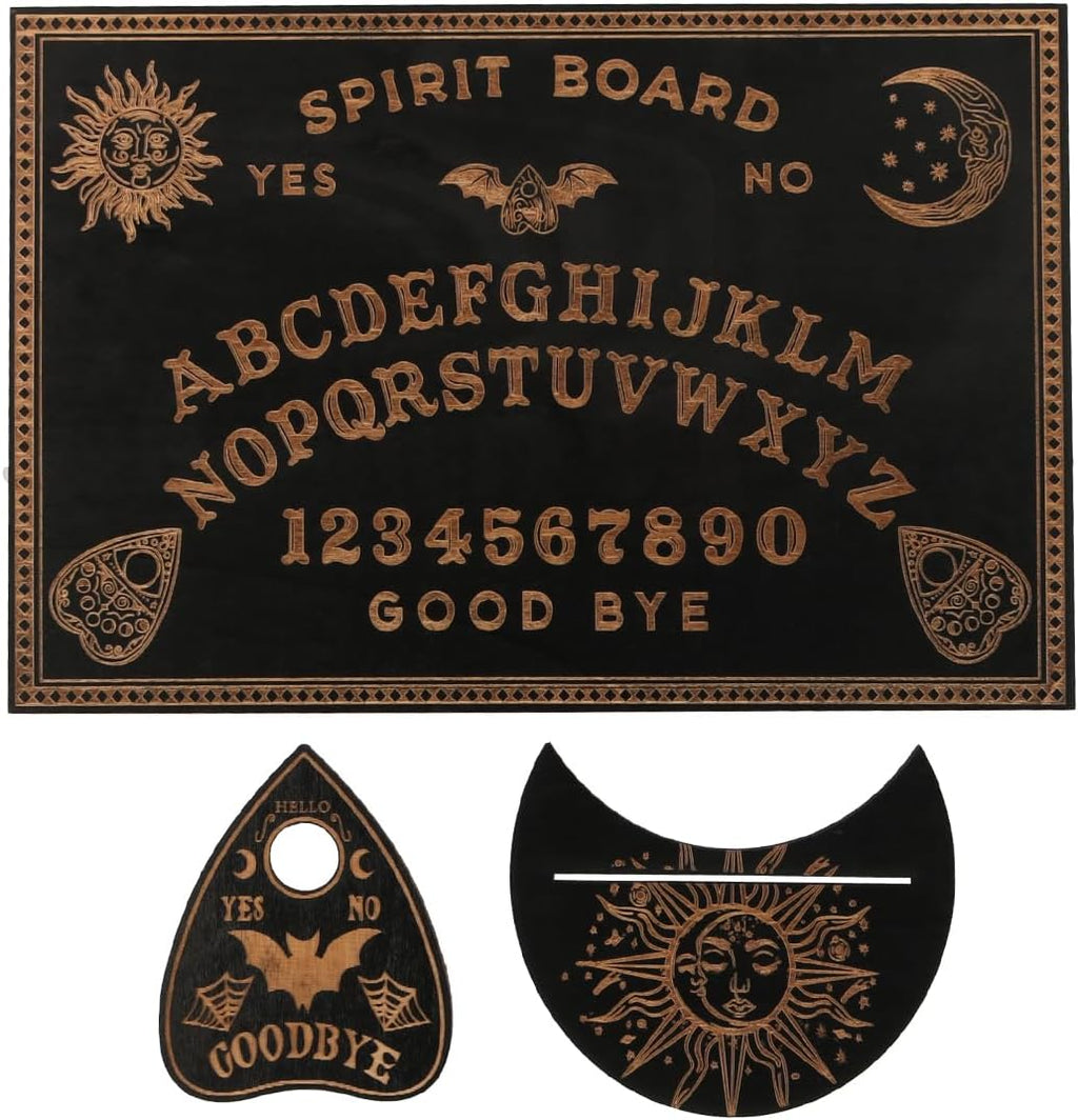 Ieron Ouija-Brett und Tarotkartenhalter-Set, schwarzes Holz-Spirit-Brett, Wünschelruten-Wahrsager-Bretter, Sprechbretter mit Planchette für Hexereibedarf