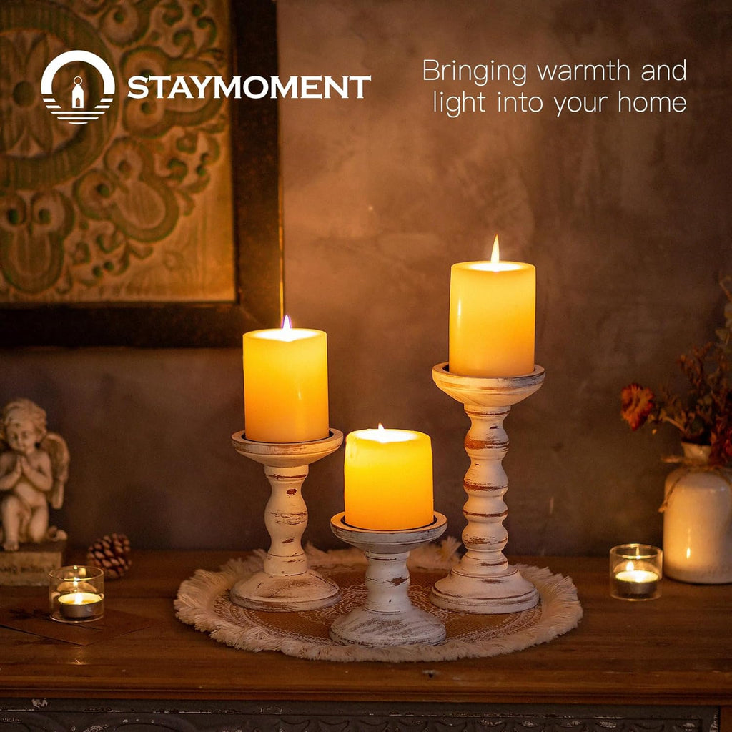 Kerzenständer Holz Landhausstil Deko: 3er Set Kerzenhalter Stumpenkerzen Wohnzimmer Deko Vintage Tischdeko Esstisch Groß Kerzenständer Landhaus Dekoration Fensterbank