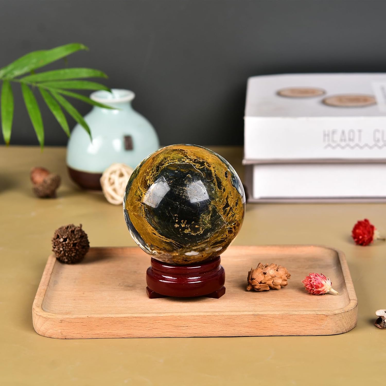 JIC Gem Large Crystal Ball with Stand Pietersite Crystal Ball Gemstone Decorative Ball for Home Decoration Altar Reiki Feng Shui Crystal Gift 80-90mm