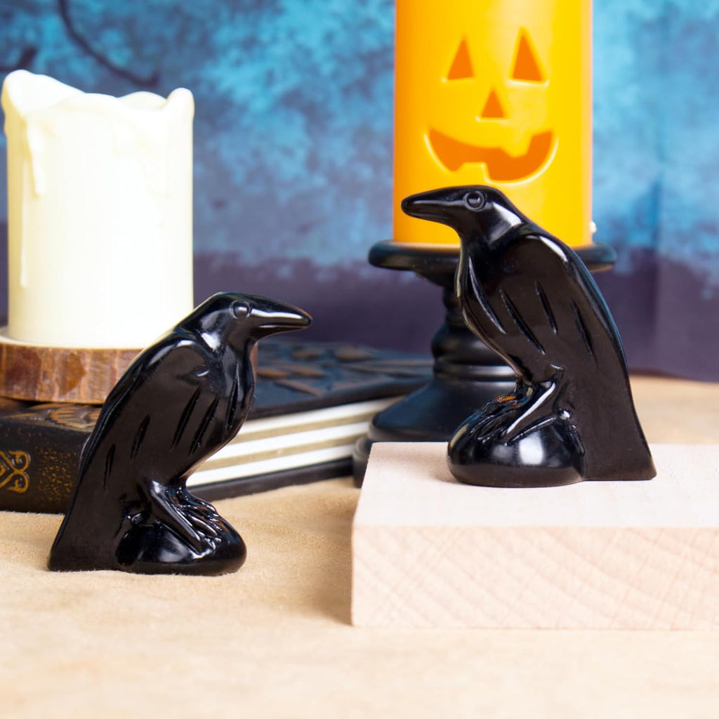 Black Obsidian Raven Statue Gothic Witchy Decor Hekate Crystal | 2 Inch Natural Mystical Crow Healing Crystal Figurine. Witchy Decor For Home Office Meditation Altar Birthday Gift For Women