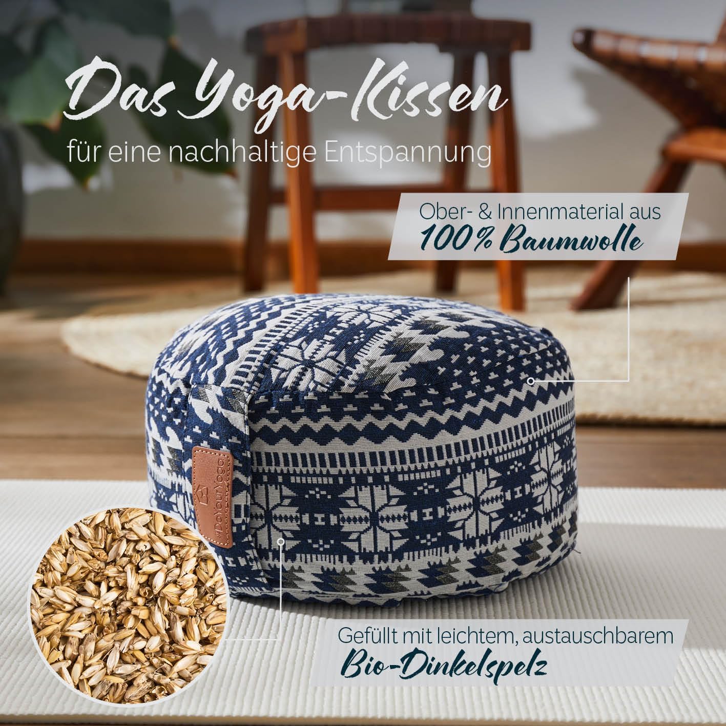 rundes Yogabolster 30cm x 15cm | Waschbarer Bezug |gefüllt mit Bio-Dinkelspelz (KBA) oder Bio-Buchweizenschalen (KBA) | Yoga Kissen für Yin Yoga & Meditation