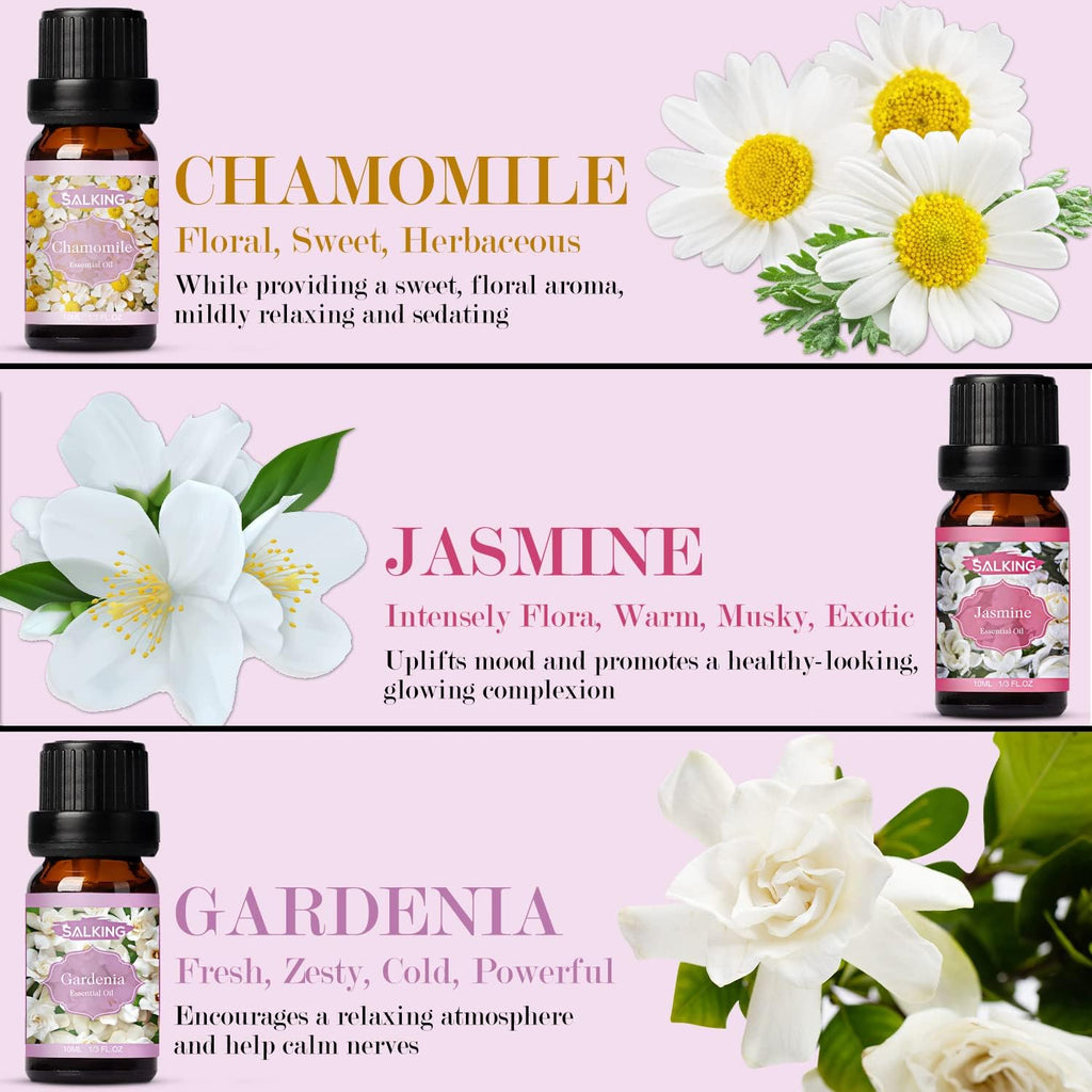 SALKING Essential Oils Set, Aromatherapy Fragrance Oil Gift Set, 100% Pure Fragrance Oils for Diffuser, Oil Lamps, Humidifier, Massage, 6 x 10 ml (Lavender, Rose, Cherry Blossom, Jasmine, Gardenia,