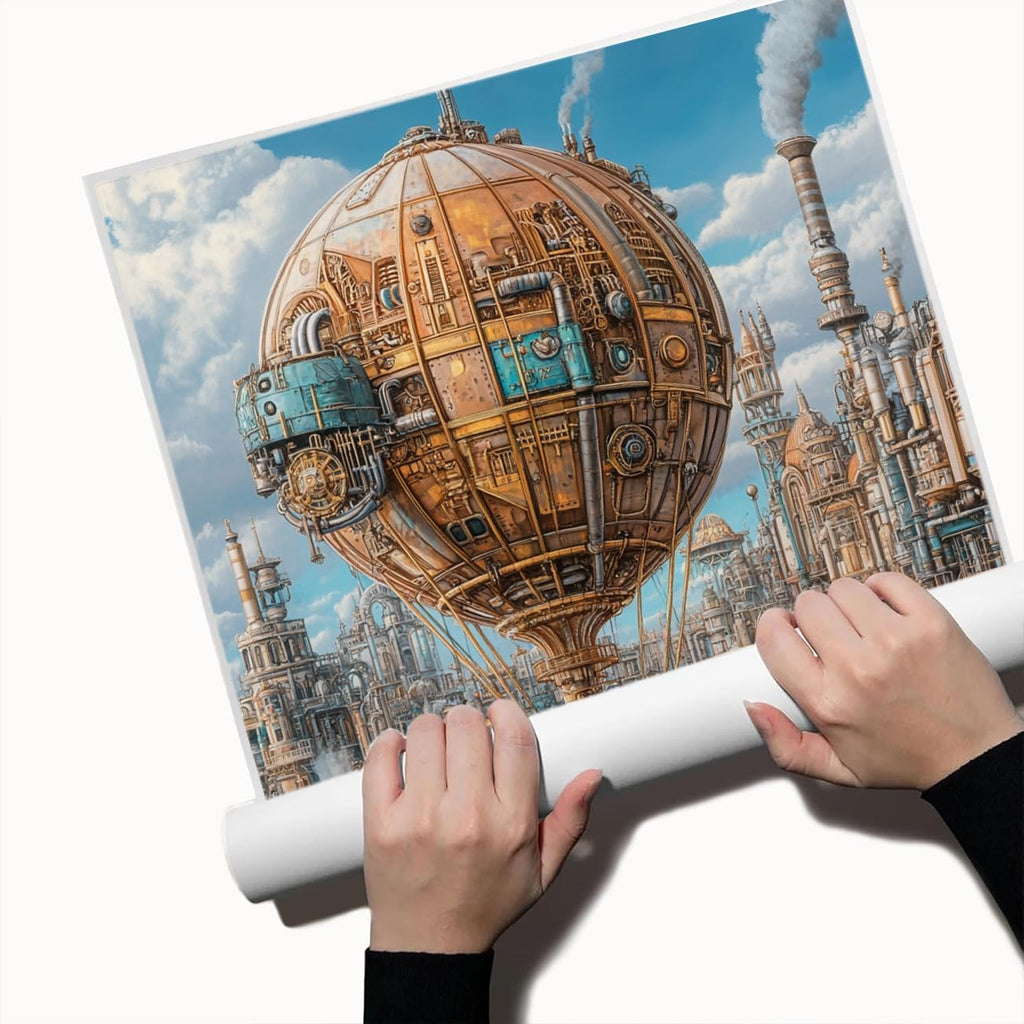 Steampunk Airship Canvas Wall Art Vintage Cityscape Illustration with Metallic Airship and Ornate Buildings Fantasy Sci-Fi Print for Office Lounge Studio Posters 11x14in Unframed