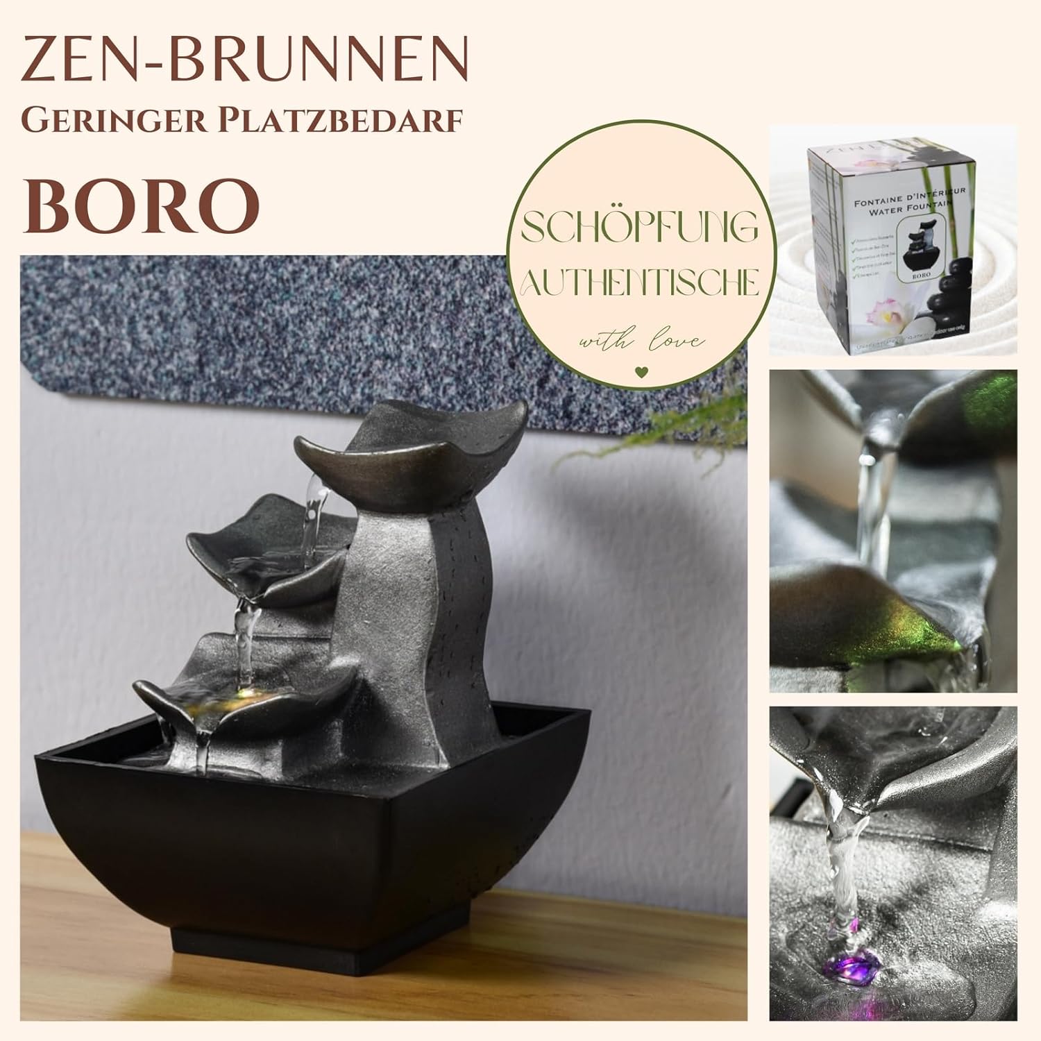 zen' Light Natural Boro Fontaine Resin Silver 13 x 13 x 17 cm