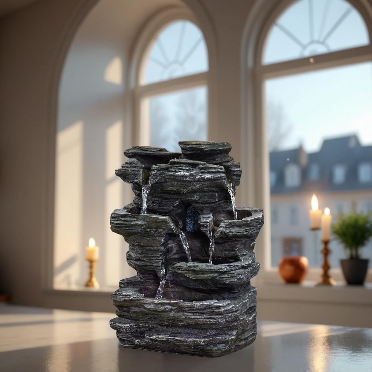 Zen’Light - Zimmerbrunnen Pietra - Steinoptik aus Kunstharz mit Bunten Lichteffekten - Moderne Zen Deko, Meditation & Entspannung - Glücksbringer - H35cm