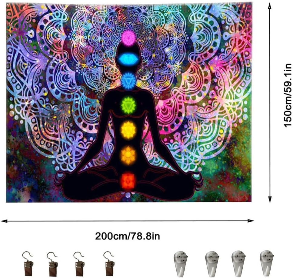 Yoga Mandala Tapestry, Colourful Seven Chakra Tapestry with Installation Kit, for Bedroom, Living Room, Dorm, Studio Room Decor