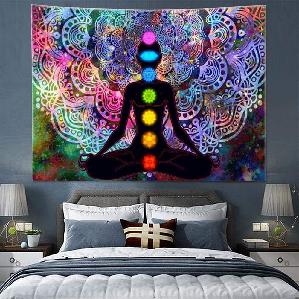 Yoga Mandala Tapestry, Colourful Seven Chakra Tapestry with Installation Kit, for Bedroom, Living Room, Dorm, Studio Room Decor