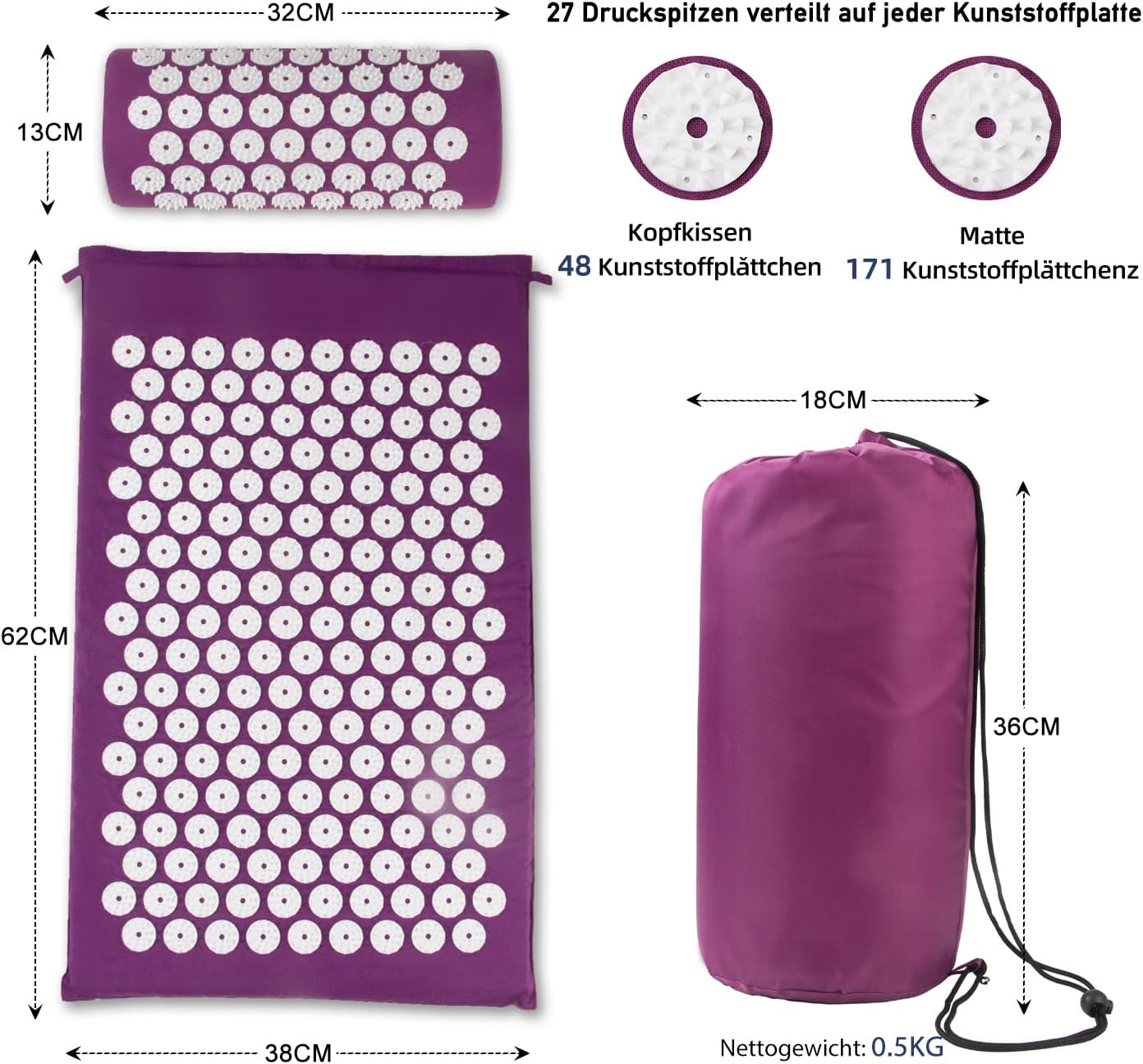Acupressure Mat, Acupuncture Mat, Acupressure Mat for Relief of Neck and Back Pain, Acupressure Mat with Muscle Relaxation and Stress Relief, Shiatsu Mat for Sciatica Relief, Purple White