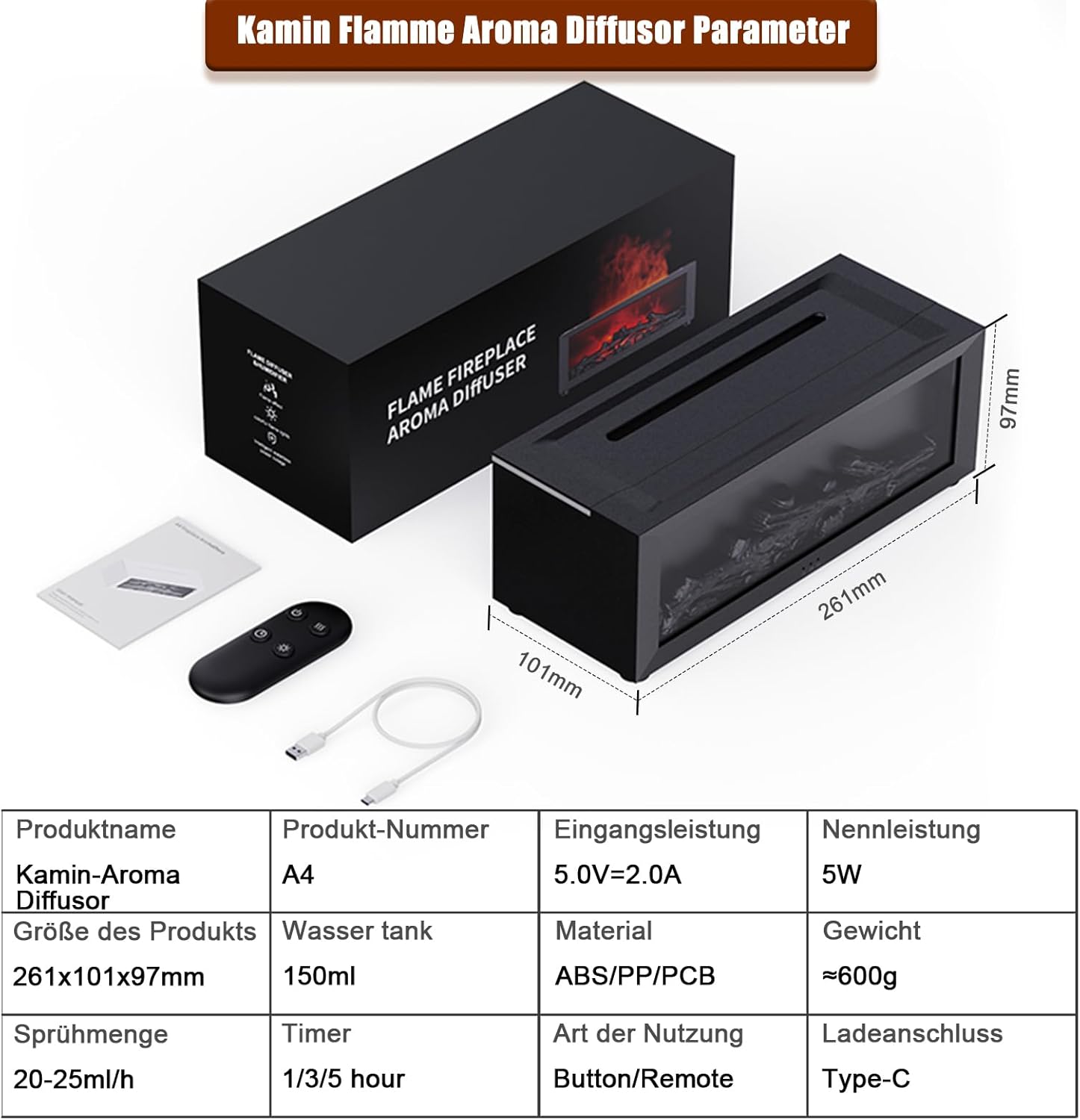 Holwim Aroma Diffuser mit LED Kamin, Duftöl Diffusor für Ätherische Öle mit 7-Farben-Licht Flammeneffekt, 150ml Luftbefeuchter mit Fernbedienung, 4 Timer, Wasserlose Abschaltautomatik (Schwarz)