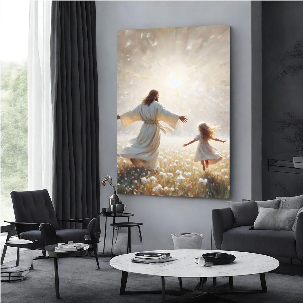 Jesus canvas painting spiritual artwork featuring a girl in a flowing white robe happily playing in a warm field of golden daisies. Adds a vibrant atmosphere to your home's sacred wall decor