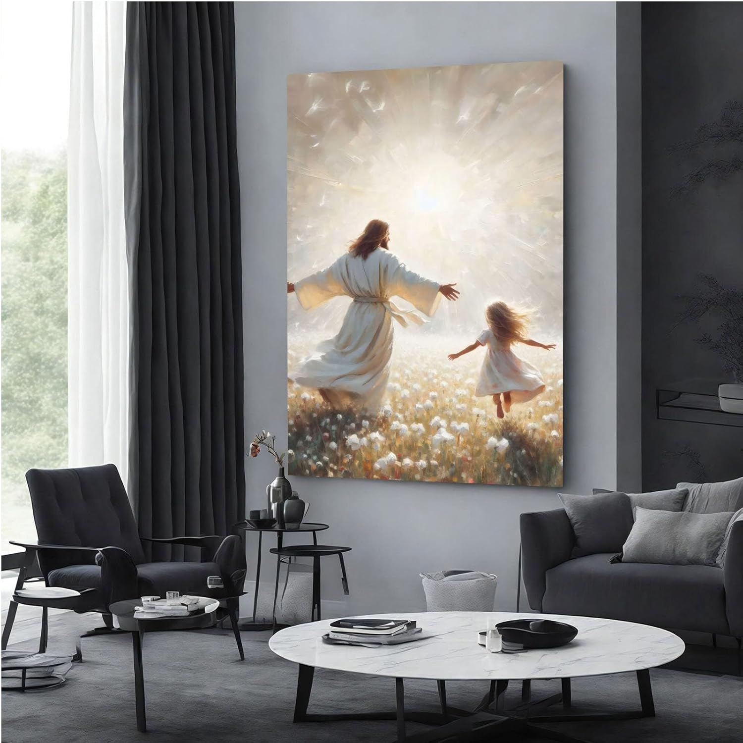 Jesus canvas painting spiritual artwork featuring a girl in a flowing white robe happily playing in a warm field of golden daisies. Adds a vibrant atmosphere to your home's sacred wall decor