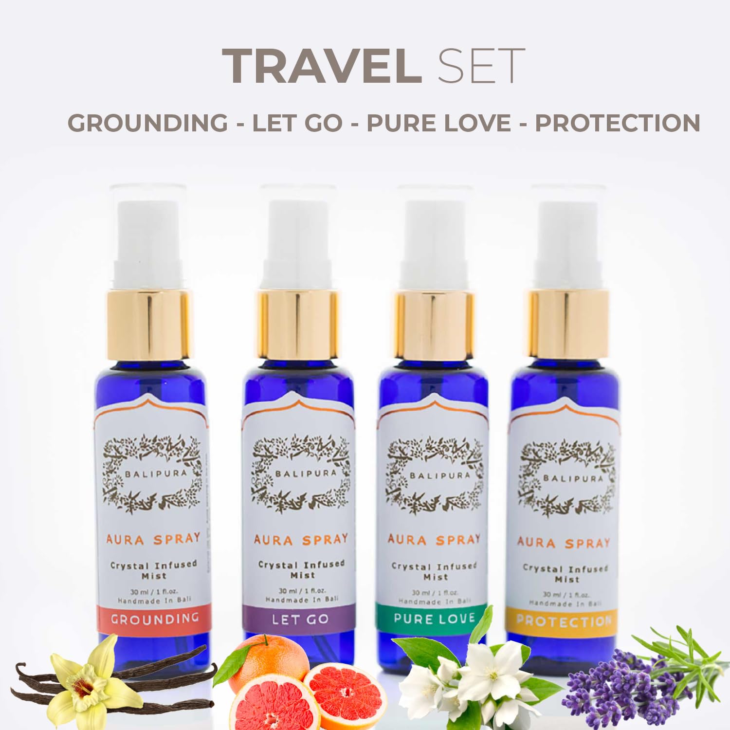 BALIPURA - Aura Healing Spray Mist - Enriched with Healing Crystals and Organic Essential Oils - Gift Set with Canvas Bag 4 x 30ml