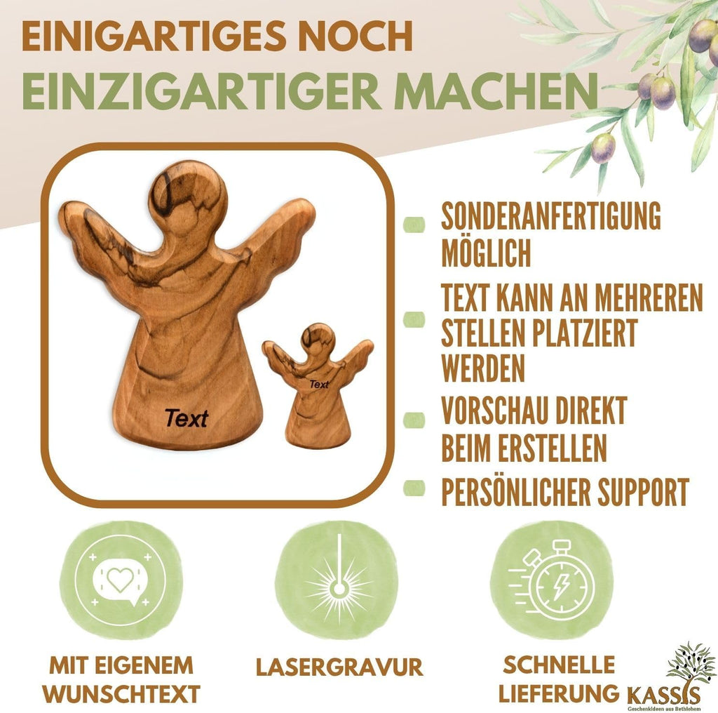 Kassis Geschenkartikel Olivenholz-Schutzengel - Handgefertigte Engel-Figur aus Bethlehem - Schutzengel-Glücksbringer - (ohne Gravur) - (1 Stück)