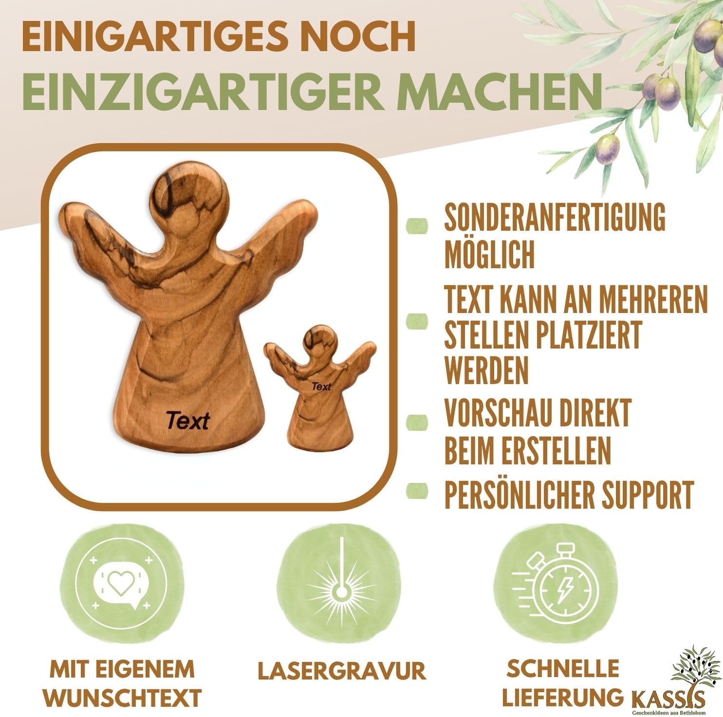 Kassis Geschenkartikel Olivenholz-Schutzengel - Handgefertigte Engel-Figur aus Bethlehem - Schutzengel-Glücksbringer - (ohne Gravur) - (1 Stück)
