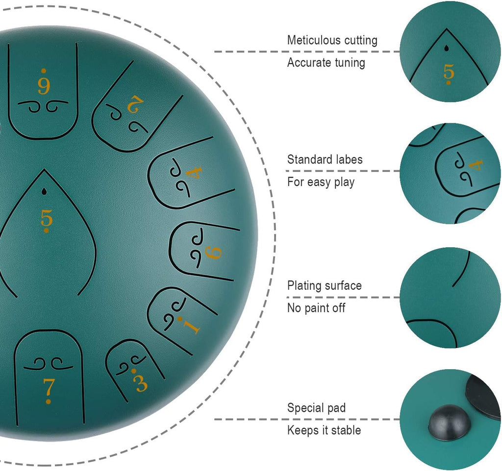 KUD Steel Tongue Drum, 12 Zoll 13 Tone C-Dur Zungentrommel Ätherische Trommel Stahl Handpan Drum Schlagzeug Instrument mit Trommelschlägeln Tragetasche für Meditation Yoga Klangheilung