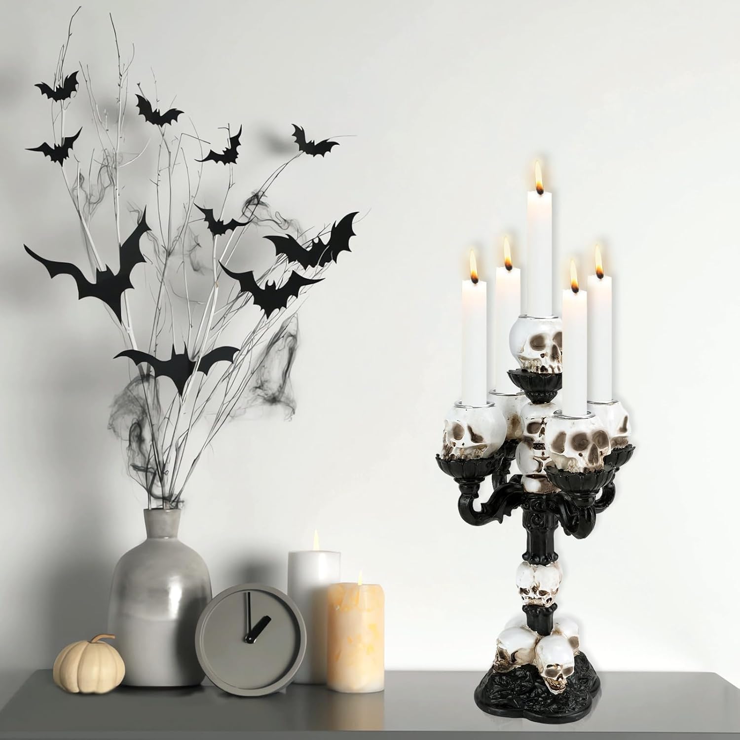 Candle Holder Black Gothic Decoration, Halloween Statue Skull Decorative Candle Holder Taper Candles with 5 Arms, Skull Lamp Resin Ornaments, Vintage Table Decoration for Home Living Room (5 Arms)