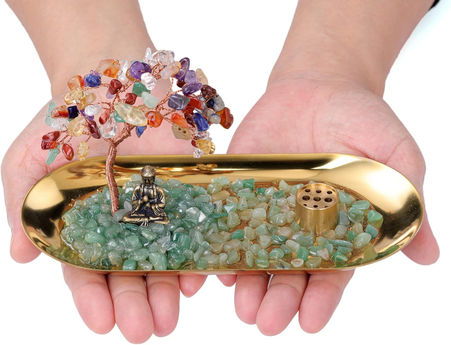 JSDDE 7 Chakra Edekstein Lebensbaum Deko mit 9 Loch Räucherstäbchen Halter Feng Shui Baum aus Heilstein Geldbaum Glücksbringer Zimmer Tisch Büro Dekoration