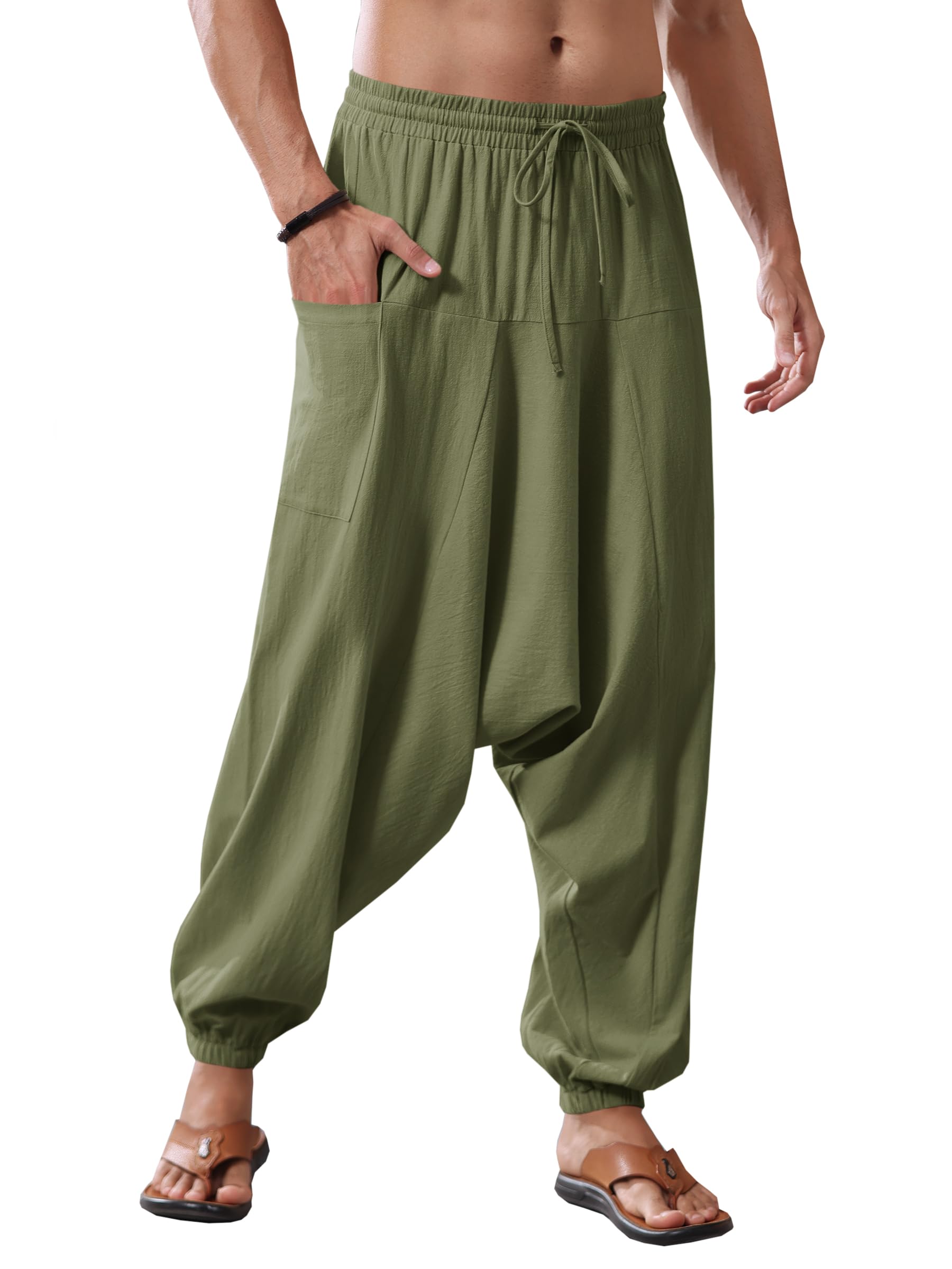 Runcati Mens Harem Pants Baggy Hippie Casual Cotton Linen Loose Boho Yoga Beach Drop Crotch Trouser