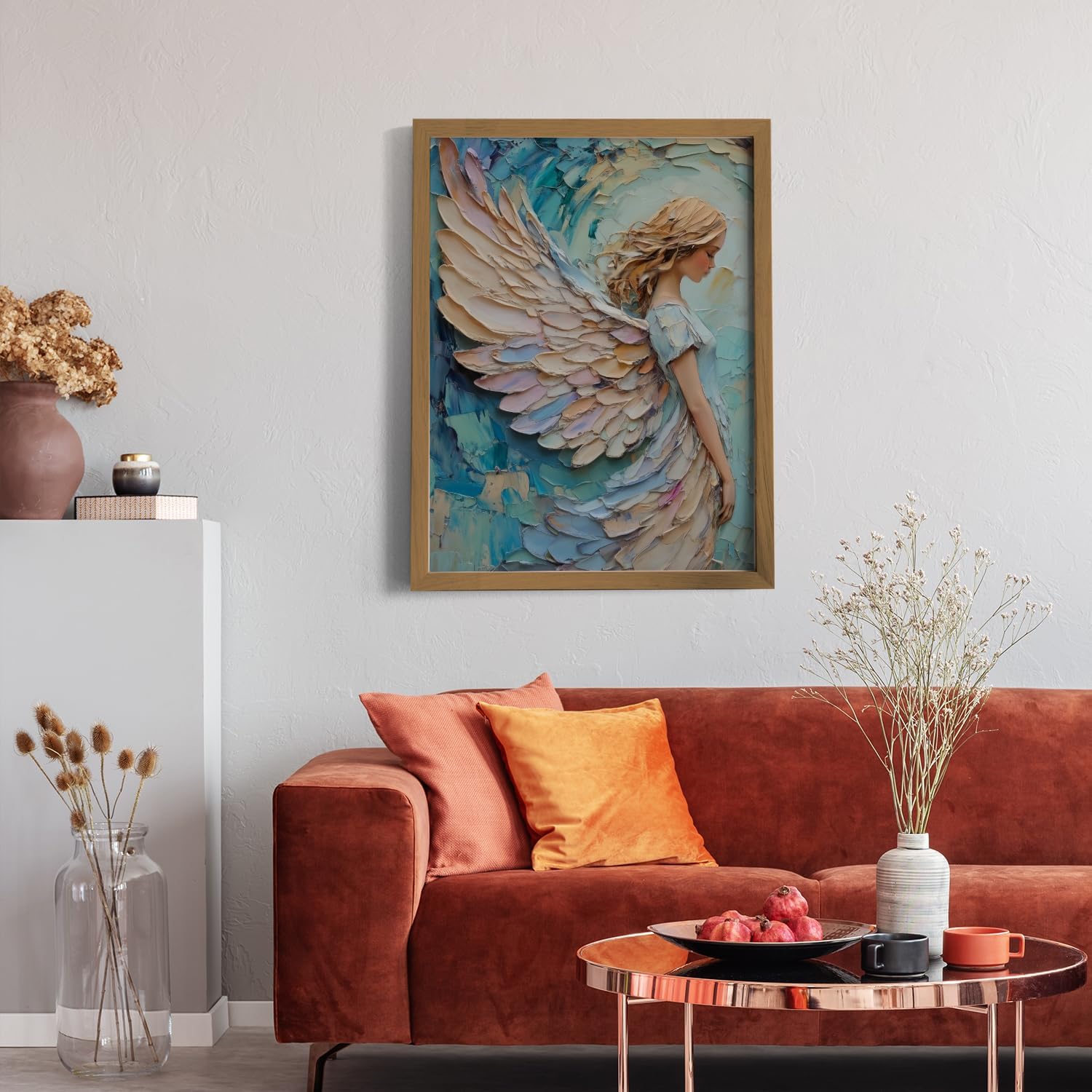 Praying Angel Wall Art – Spiritual Canvas Print, Colored Winged Angel Oil Painting Style Christian Religious Picture poster，Spiritual Blue and Pastel Tones Wall Decor for Bedroom, Prayer Room, Christian Gift, Wood Frame 12x16in