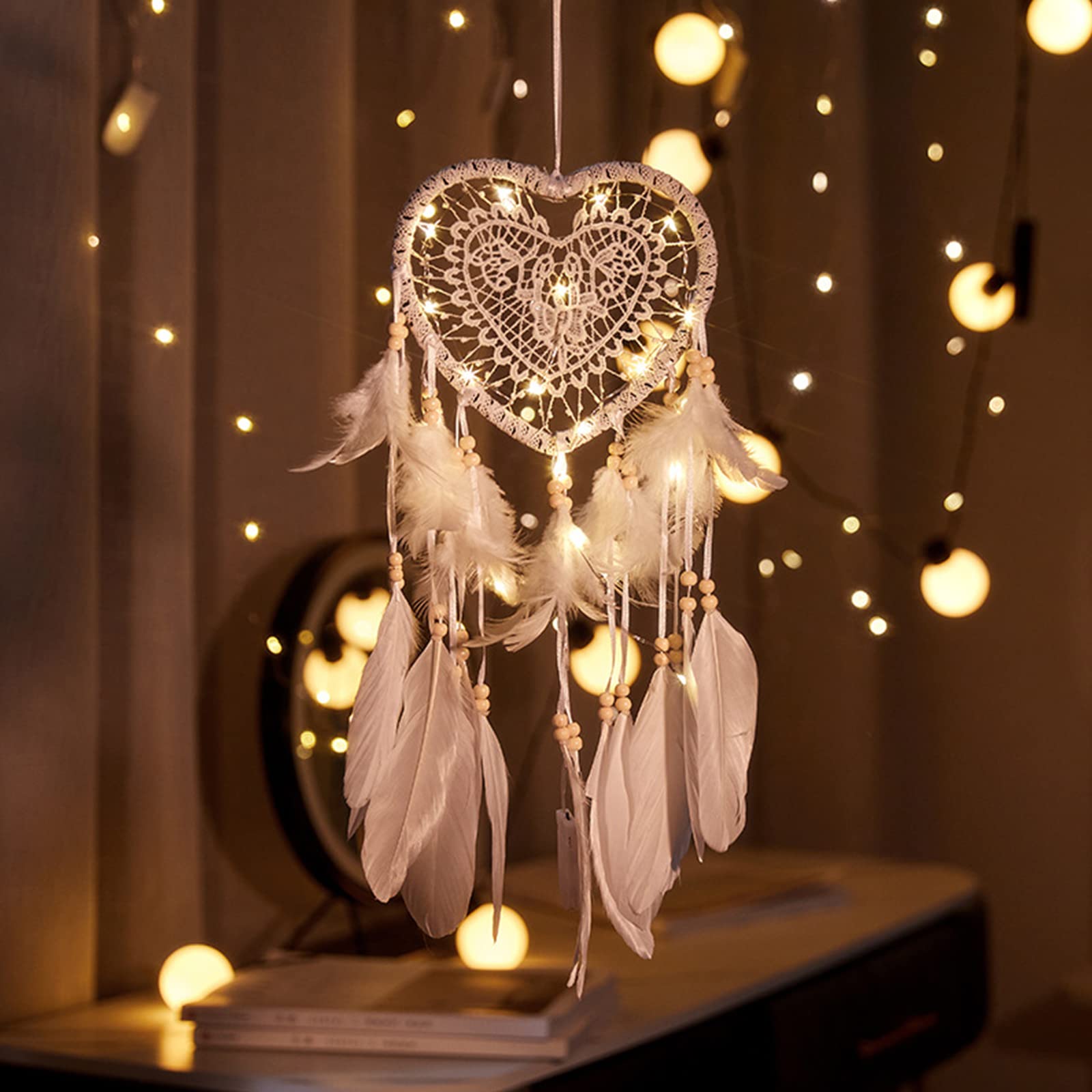 Hongyans Traumfänger mit LED Licht Handgefertigt Dreamcatcher mit Federn Böhmen Dekoration für Schlafzimmer Hochzeit Wandbehang Ornament Mädchen Kinder Geschenk