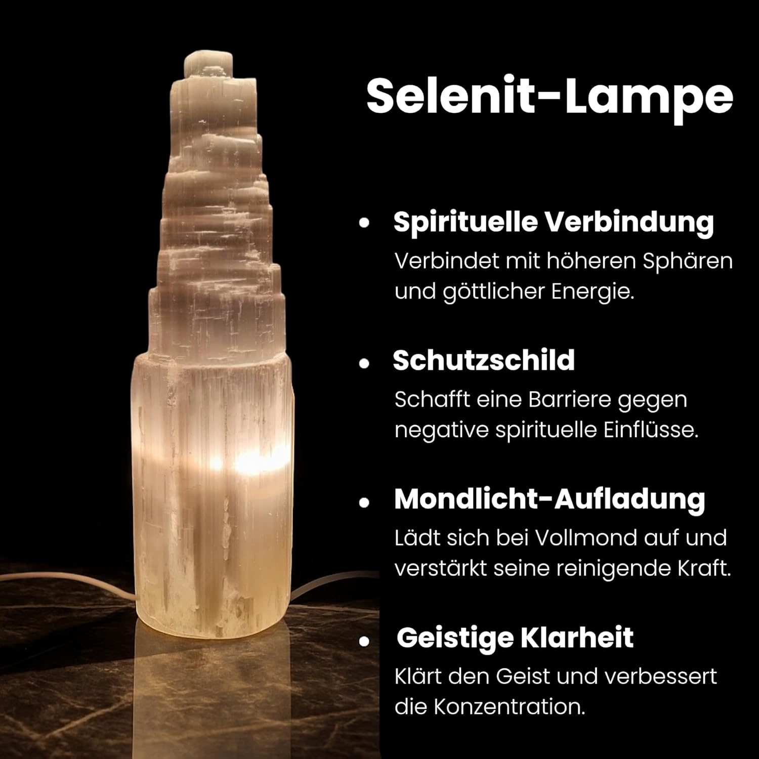 Selenit Lampe 20 cm – Großer Selenit Turm, Kristall Tischlampe & Nachttischlampe – Edelstein Lampe zur Reinigung, Meditation & Dekoration – Natürliches Home Decor