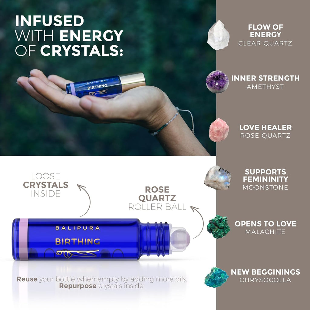 BALIPURA - "Birthing" Crystal Aura Roll On - Natural Healing Oil - Moonstone, Amethyst Gemstones & Crystals - Essential Oil Blends - 8 ml