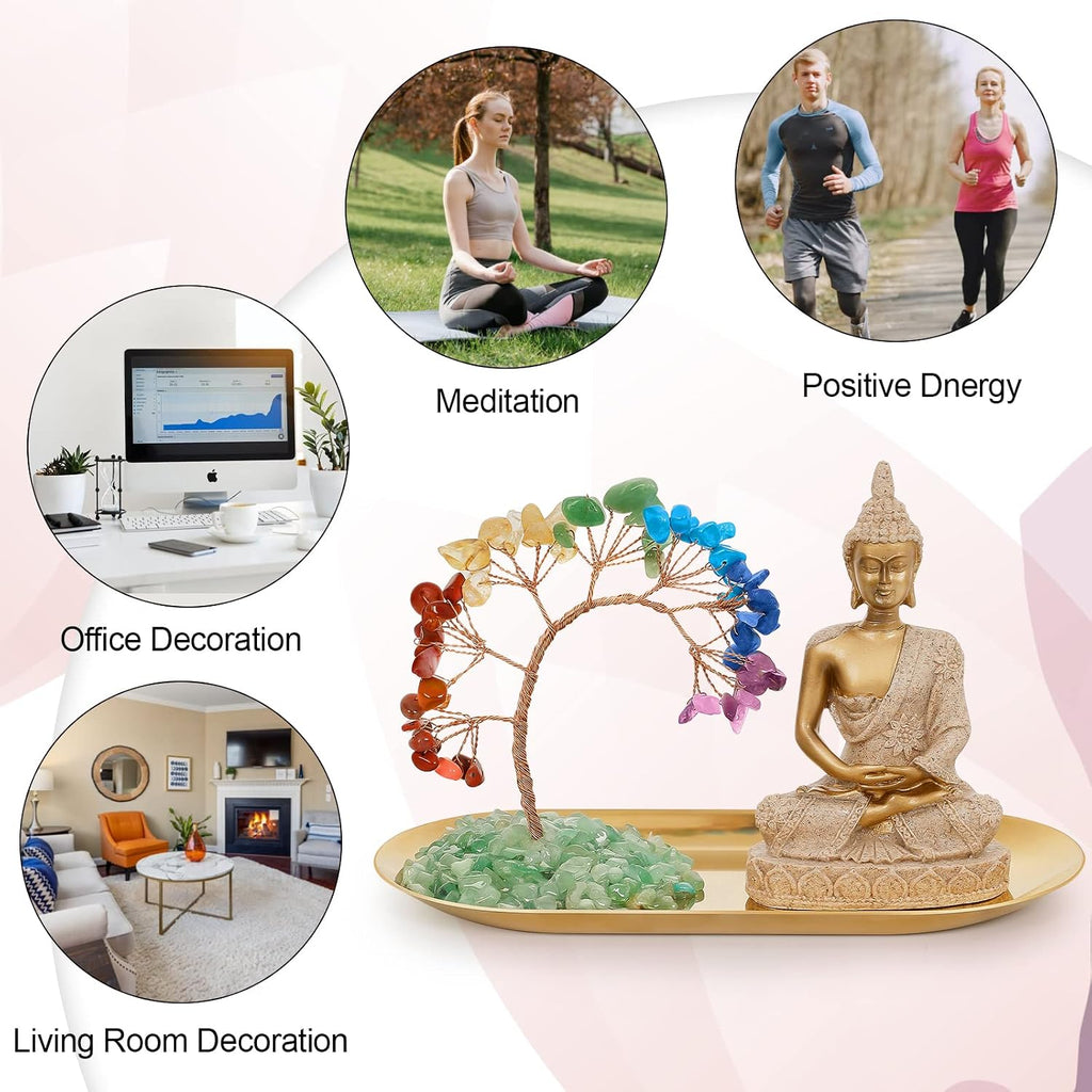 INNOLITES 7 Chakra Crystal Tree and Buddha Statue Set, Yoga Meditation Decor, Money Tree and Buda Statues for Home Living Room Office Shelf Decoration Wealth and Luck