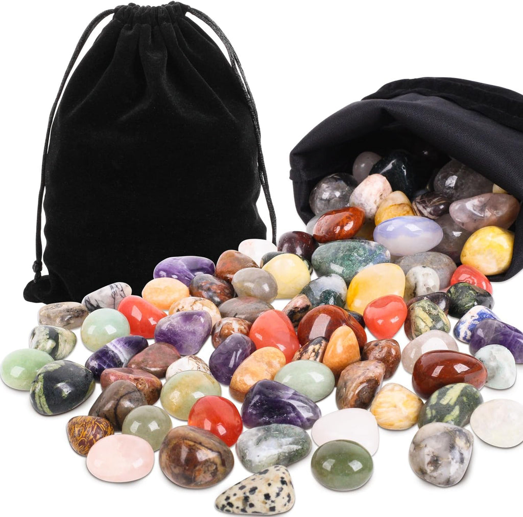 Edelstein Set 2-3cm Natürliche Trommelsteine Edelsteine Groß mit Schwarzen Stoffbeutel Halbedelsteine für Geschenk, Glückssteine