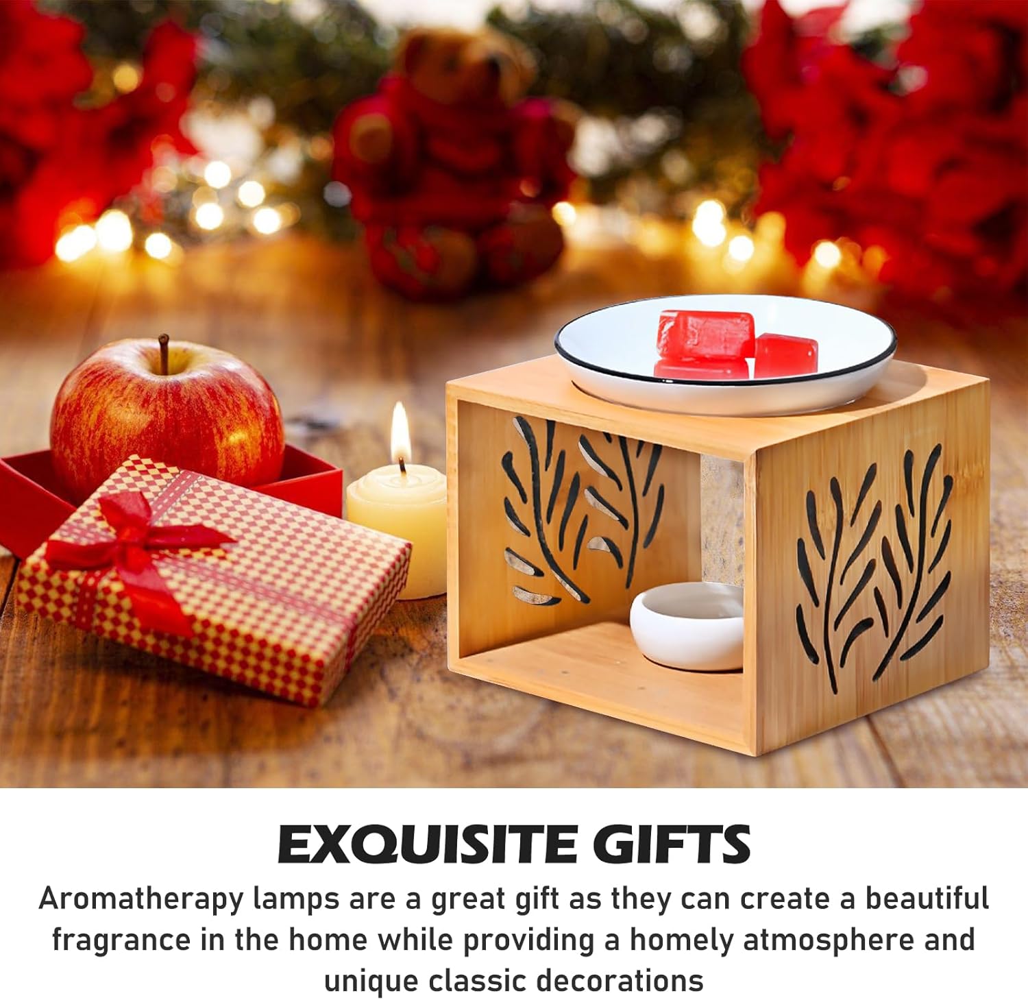 Duftlampe für ätherische Öle, Aromalampe aus Keramik/Bambus, Duftlampe Teelicht mit Teelichthalter, Stövchen für ätherische Öle, Duftlampe Bambus für Zuhause, Dekoration, Yoga, Schlafzimmer