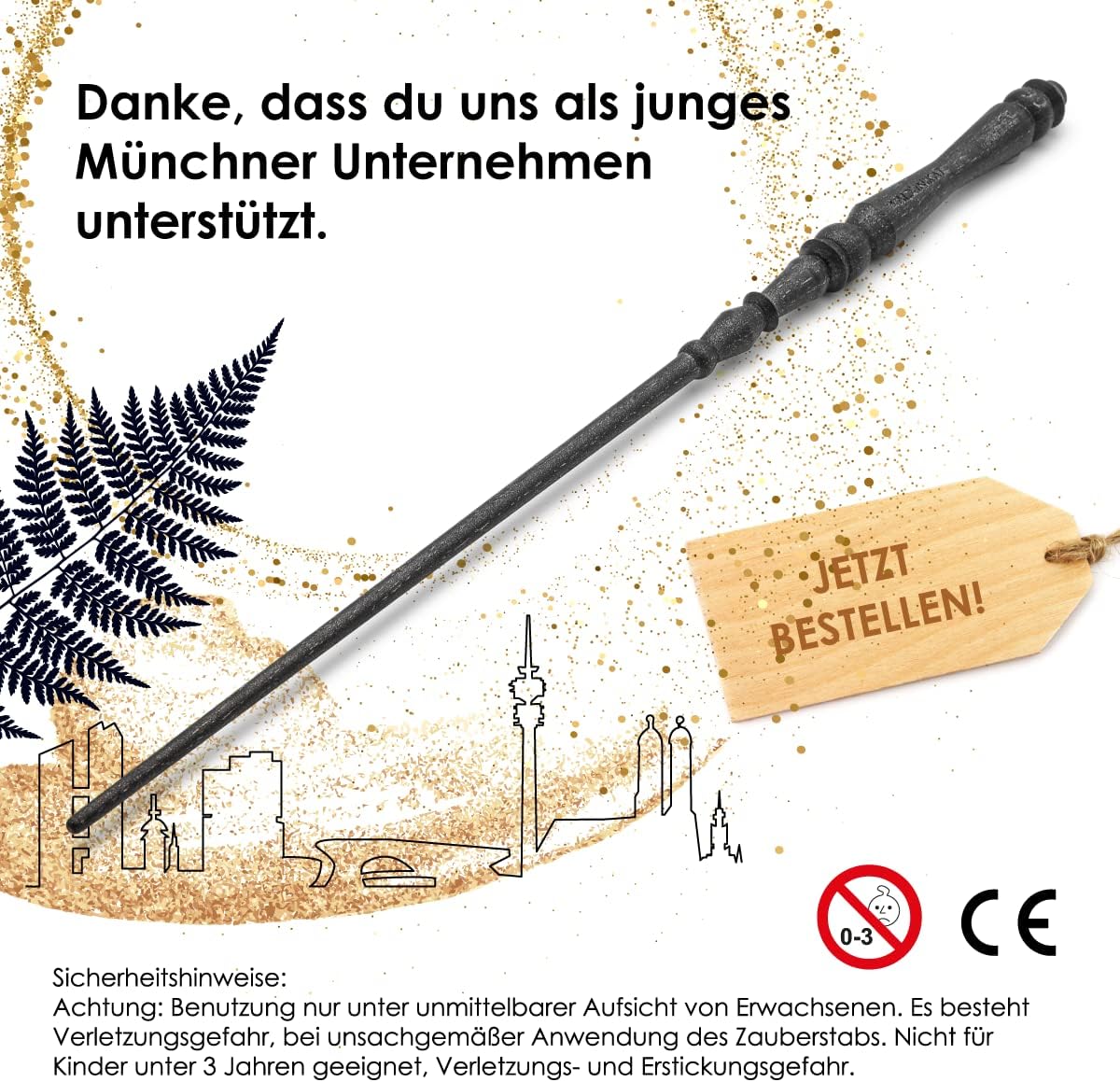 WALDUNIKAT® Zauberstab aus Holz – Made in Germany – Spielzeug, Geburtstags-Geschenk, Deko, Kostüm für Erwachsene, Kinder, Damen, Herren, Mädchen (No. 1 - Schwarz-Glitzer)