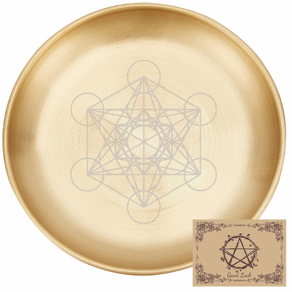CREATCABIN Kreuz Opferschale Altar Ritualplatte Edelstahl Goldene Kristall Aufbewahrung Flache Schale Rundes Tablett Gebetsschale Kerzenhalter Schmuckschale Zum Räuchern Räuchergefäß 14x14cm