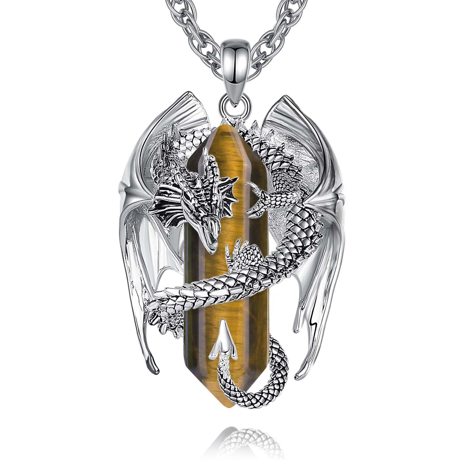 INFUSEU Kristall Drachen Kette, Nordischer Drache Gewickelter Zylinder Edelstein Kristall Anhänger Sechseckiger Heilkristall Anhänger Gothic Naturkristall-Schmuck Geschenk für Männer Frauen