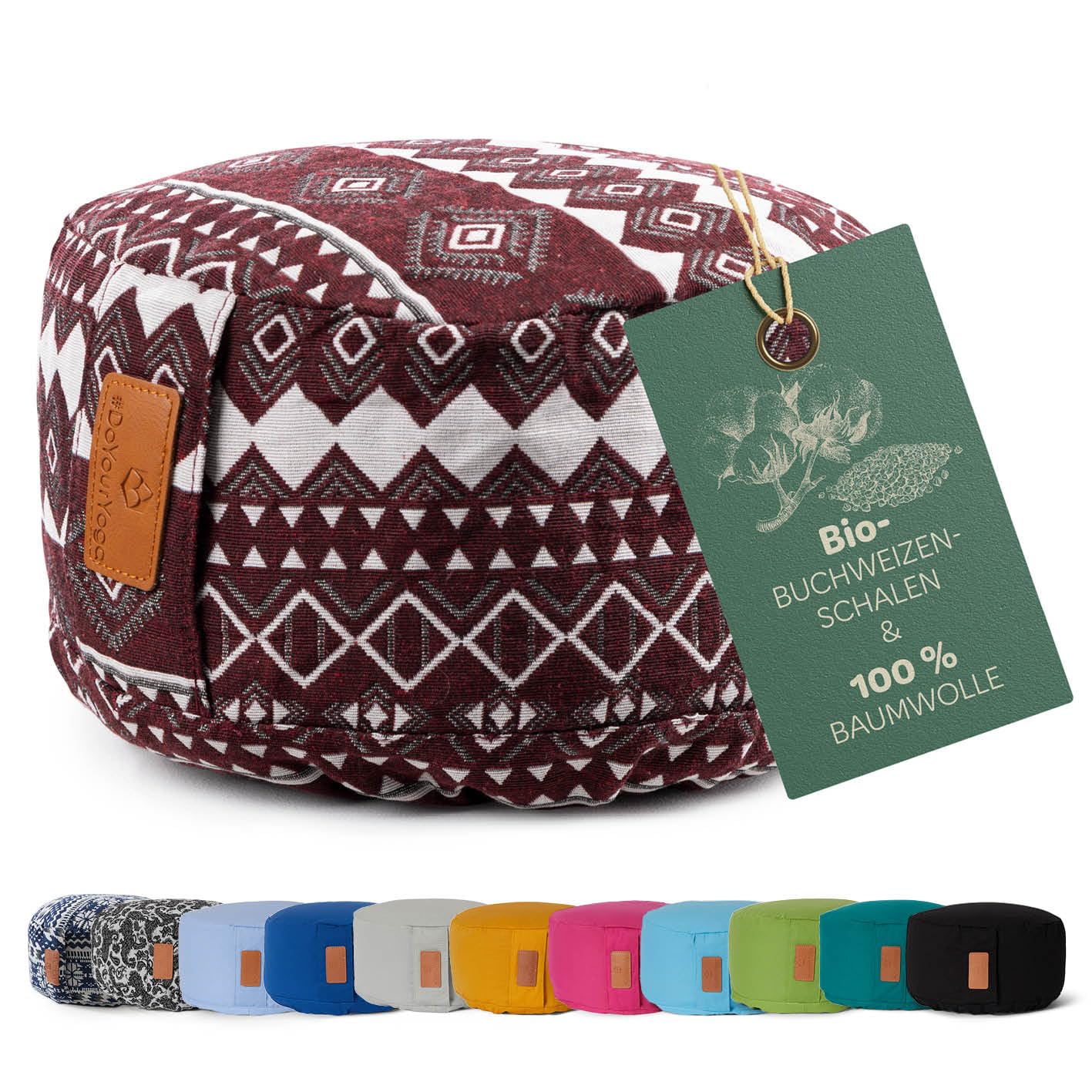 rundes Yogabolster 30cm x 15cm | Waschbarer Bezug |gefüllt mit Bio-Dinkelspelz (KBA) oder Bio-Buchweizenschalen (KBA) | Yoga Kissen für Yin Yoga & Meditation