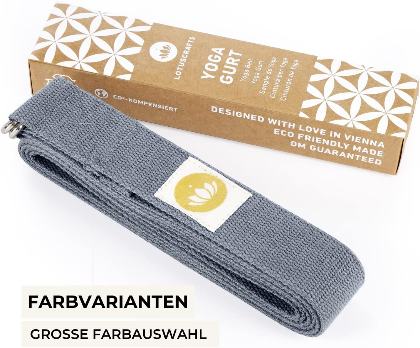 Lotuscrafts® Yogagurt 2,5 m - Yoga-Band zum Dehnen; 100% Bio-Baumwolle, Yogagurt Lang mit Verschluss aus Metall, Yoga-Strap für Einsteiger und Fortgeschrittene, 250 x 3,8 cm