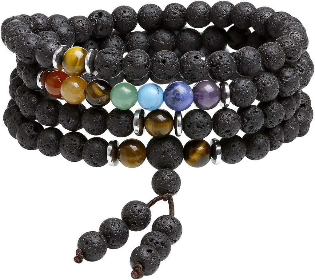 CrystalTears 108 Perlen Mala Kette 6mm Stein Wickelarmband Chakra Armband Healing Reiki Edelstein Yoga Armreif Buddha Gebetskette Halskette (Lava Stein)