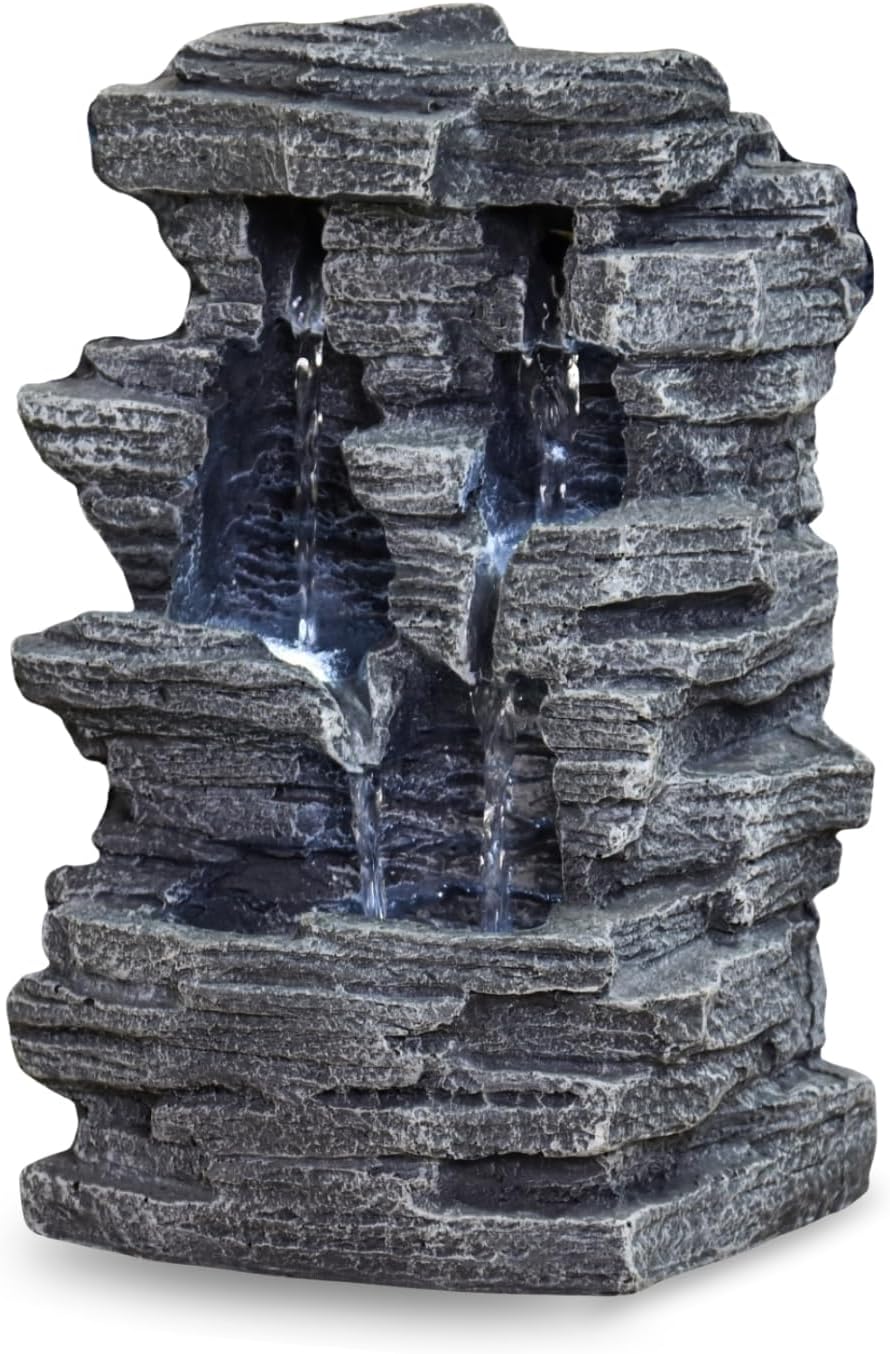 Zen'Light - Zimmerbrunnen Grand Canyon - Wasserfall in Steinoptik - Weiße LED-Beleuchtung - Moderne Zen Deko, Ideal für Meditation & Entspannung - Feng Shui - H 28cm, Grau