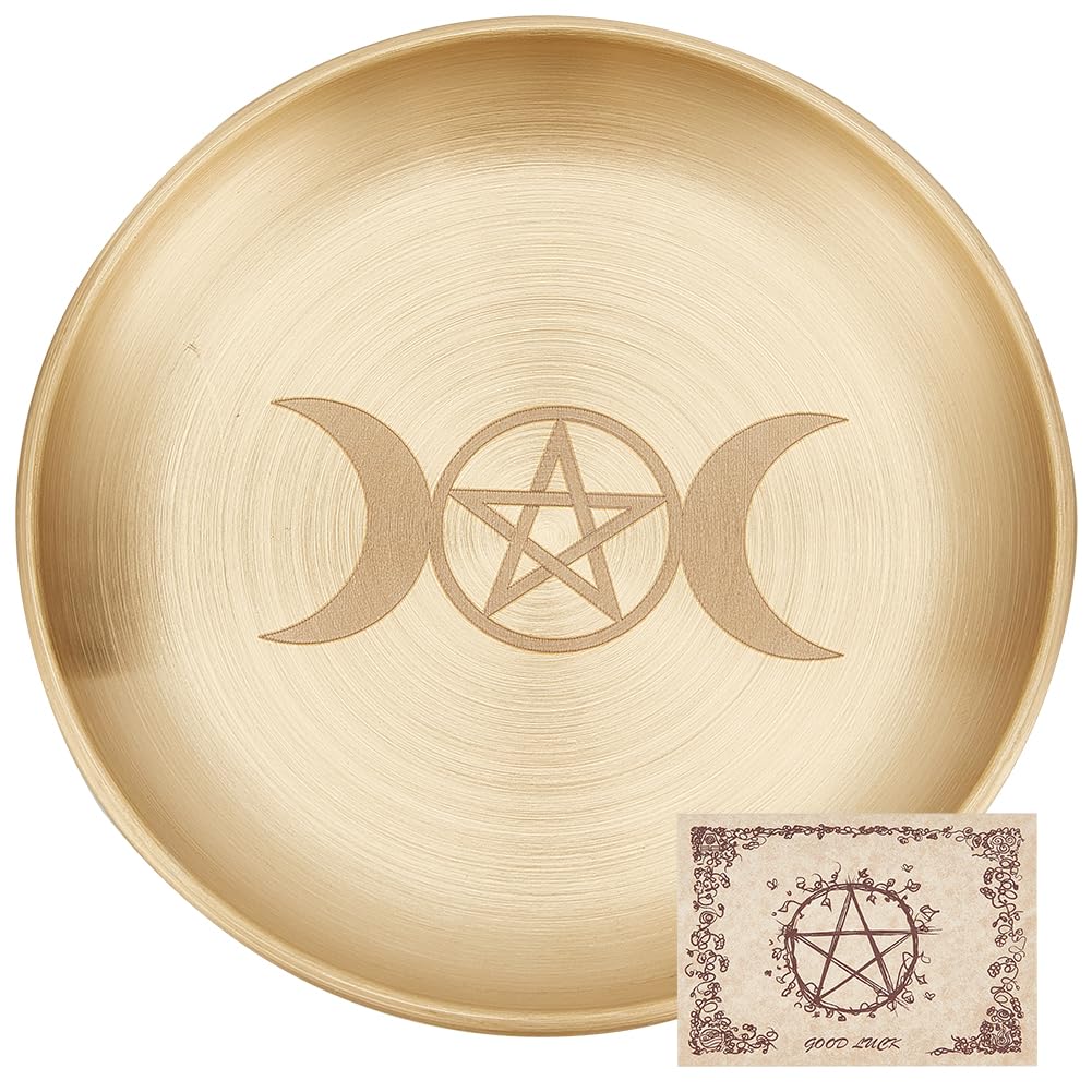 CREATCABIN Pentagramm Altarplatte Stern Tarotplatte Rituelles Brennen Kerzenhalter Teller Schalen Opfergaben Weihrauchbrenner Flache Schale Mit Altarkarte Tarotzubehör Für Hexerei Wicca Golden 14x14cm