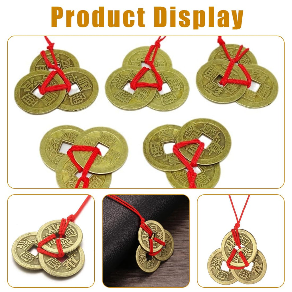 XUKZIMA 5 Strings of Copper Lucky Coins, Feng Shui Coins, Traditional Coins with Red Rope for Wealth and Success