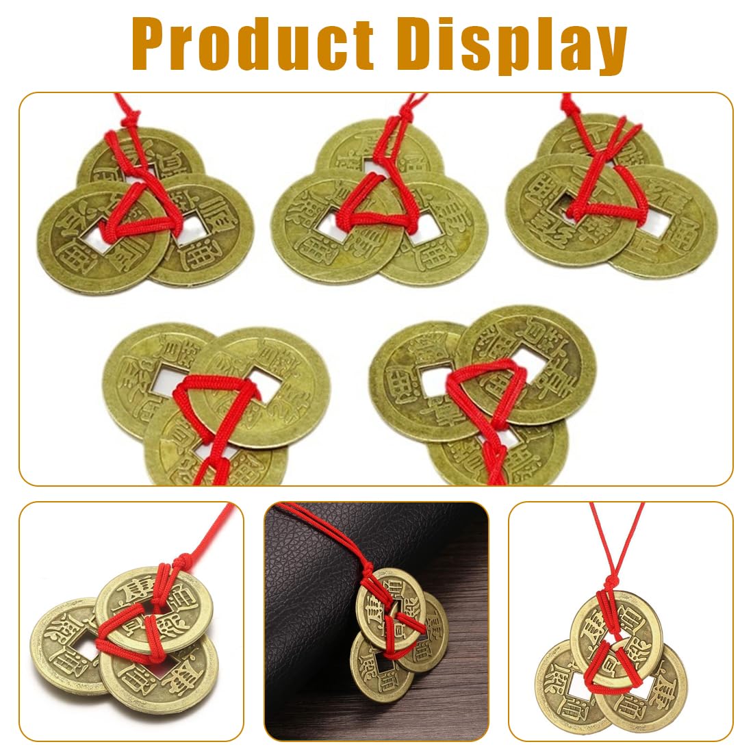 XUKZIMA 5 Strings of Copper Lucky Coins, Feng Shui Coins, Traditional Coins with Red Rope for Wealth and Success