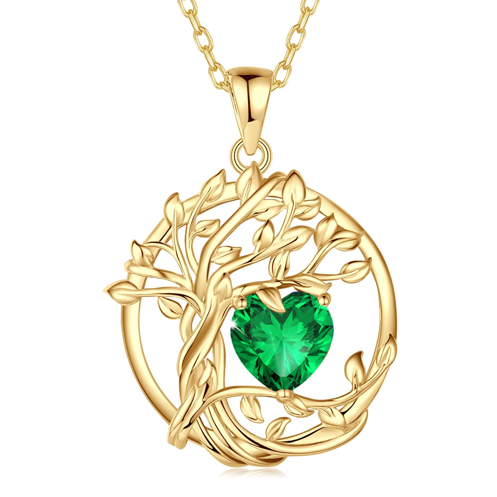 FANCIME Lebensbaum Geburtstein Kette für Damen Gelbgold Vergoldet Baum des Lebens Edelstein Anhänger Halskette Schmuck Geschenke für Damen Frauen Mädchen, Kettenlänge: 40+5 cm