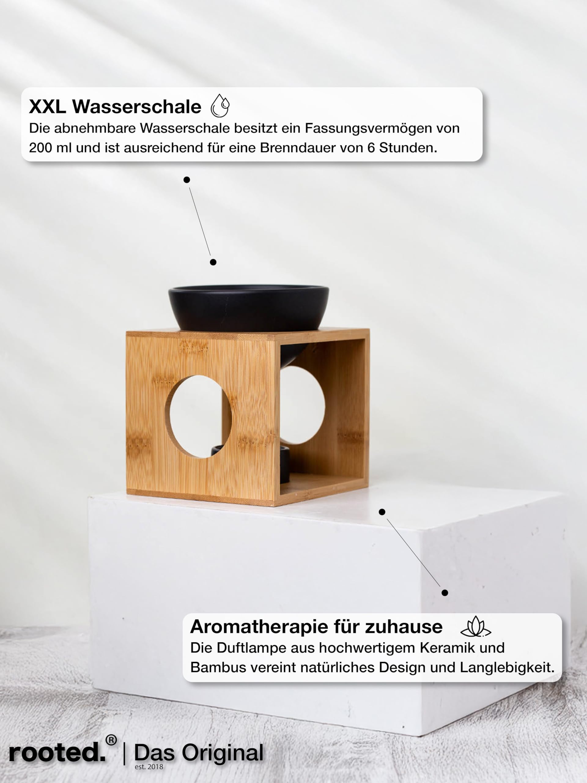rooted.® Aroma Lamp Ambience Tea Light Design Aroma Lamp Made of Ceramic Warmer for Essential Oils, Fragrance Oil and Scented Wax Matt Black German Brand Quality