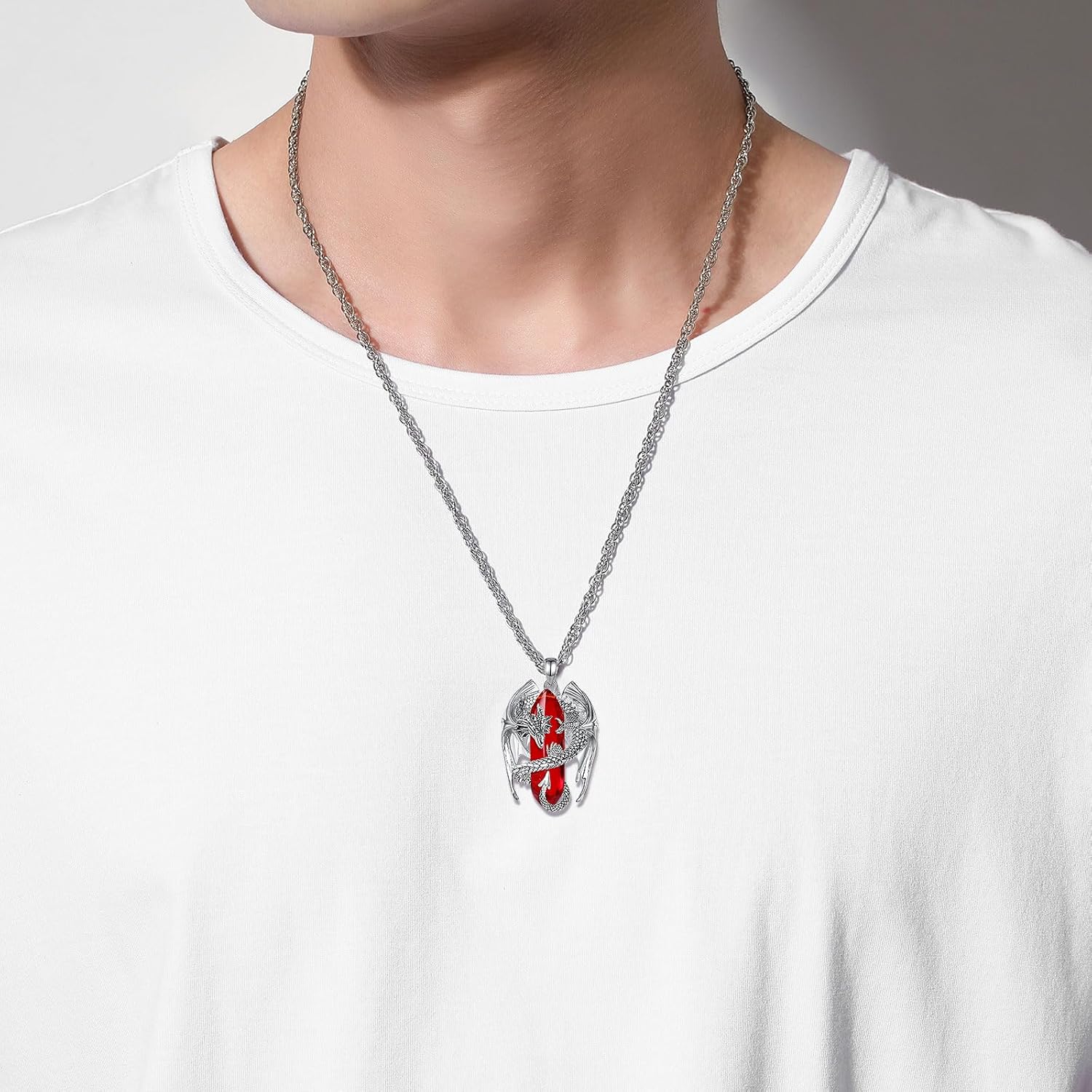 INFUSEU Kristall Drachen Kette, Nordischer Drache Gewickelter Zylinder Edelstein Kristall Anhänger Sechseckiger Heilkristall Anhänger Gothic Naturkristall-Schmuck Geschenk für Männer Frauen